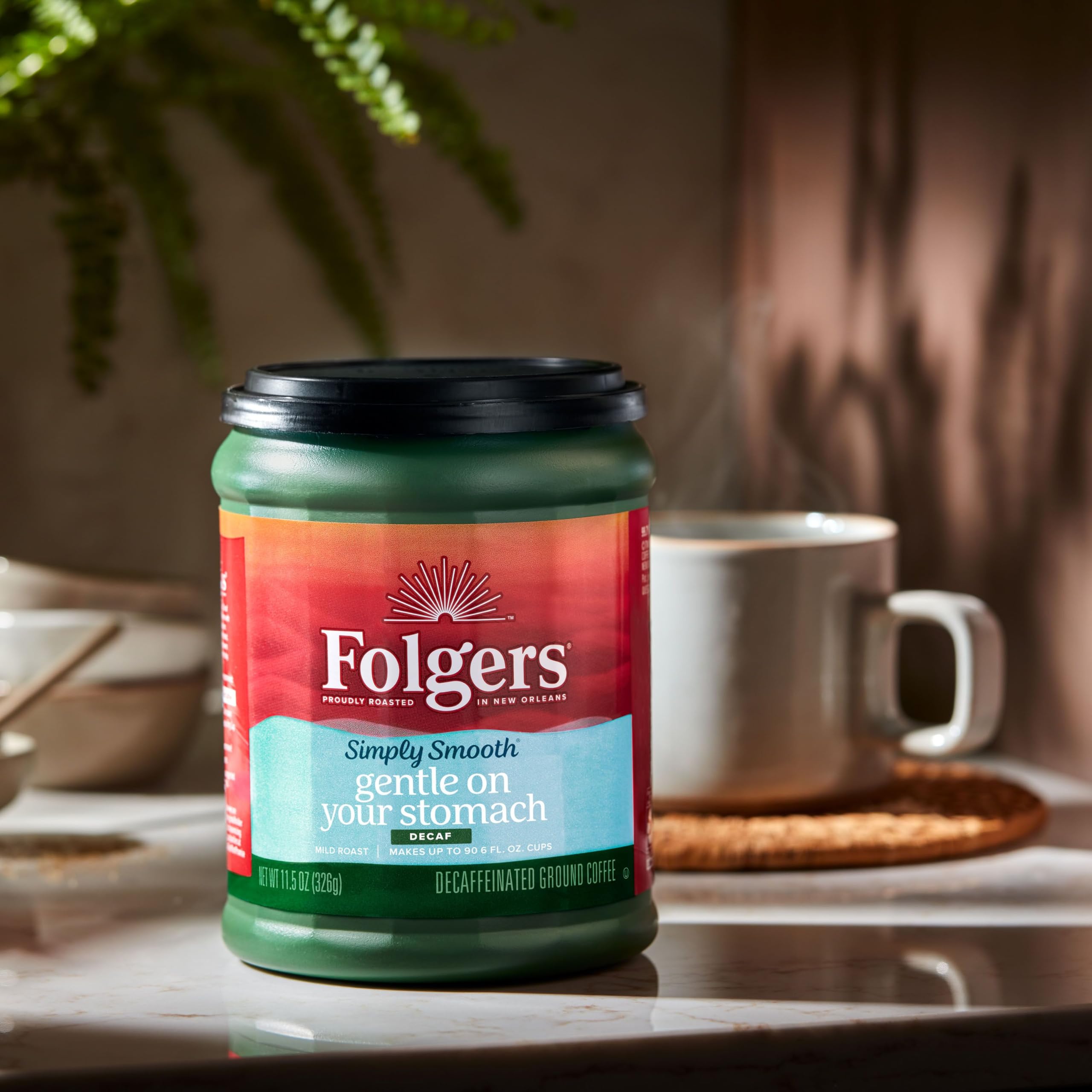 Folgers Simply Smooth Decaf roast label mild indicating a milder profile for sensitive mornings.
