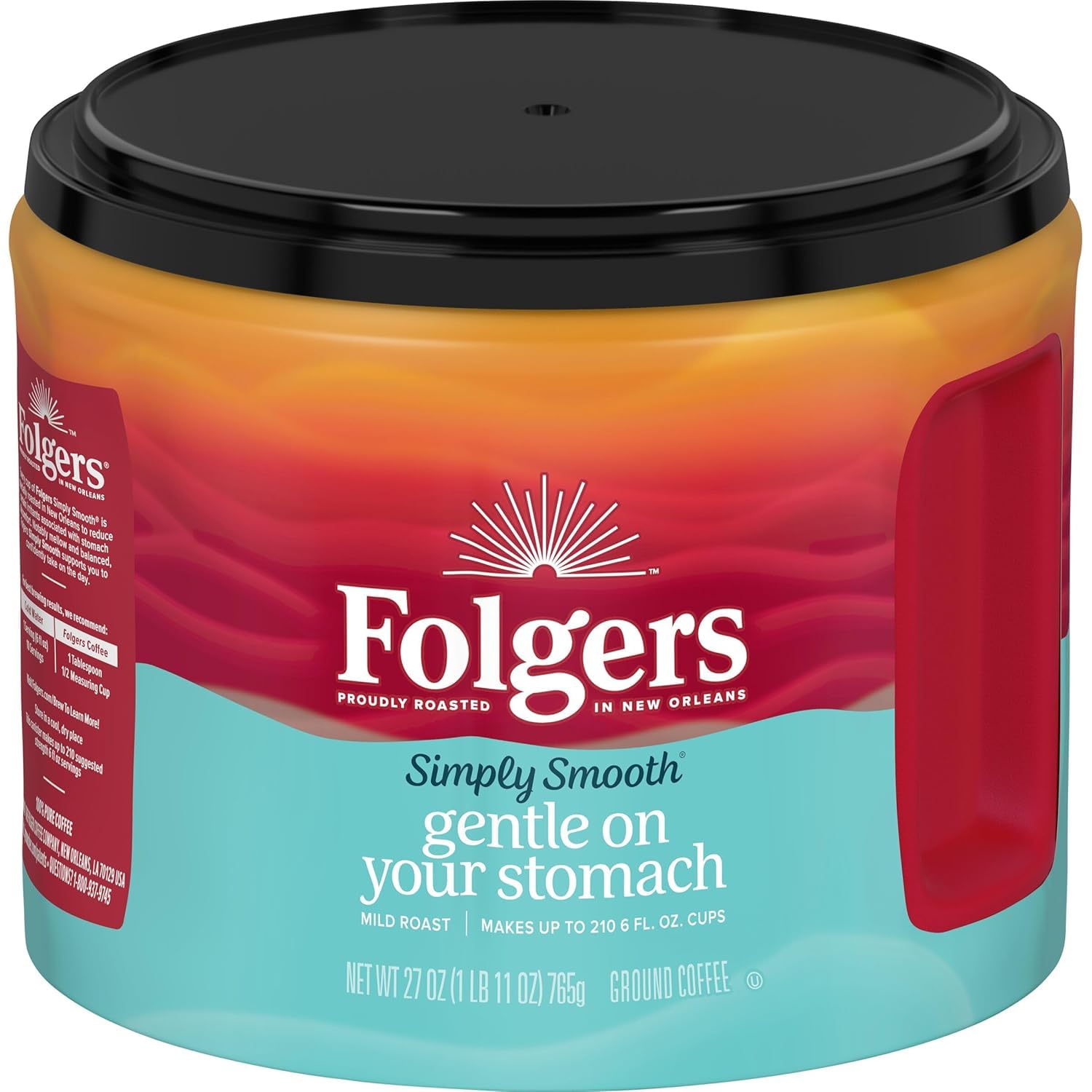 Folgers Simply Smooth ground coffee canister ready for any brew method, yielding a mellow cup.