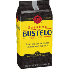 Folgers Supreme Bustelo espresso-style whole bean coffee bag, 32 oz, bold for mornings.