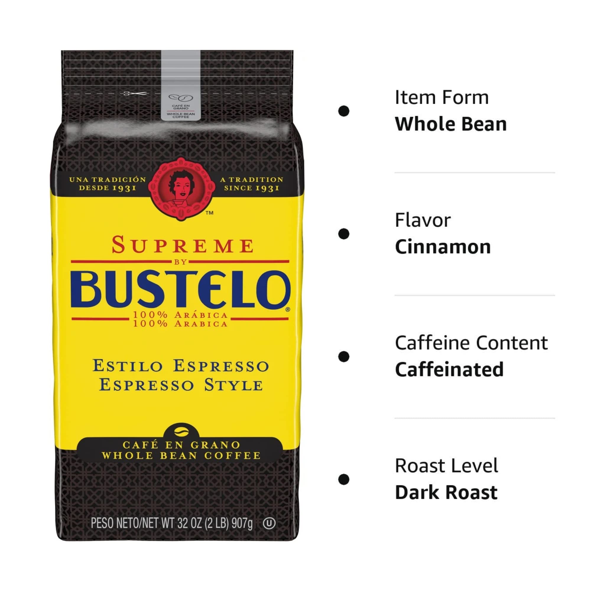 Folgers Supreme Bustelo beans in grinder, enabling precise grind for flavor.