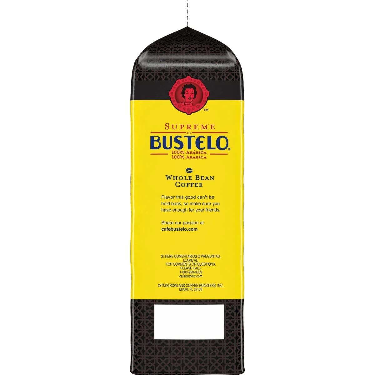 Folgers Supreme Bustelo steaming cup releases bold aroma.