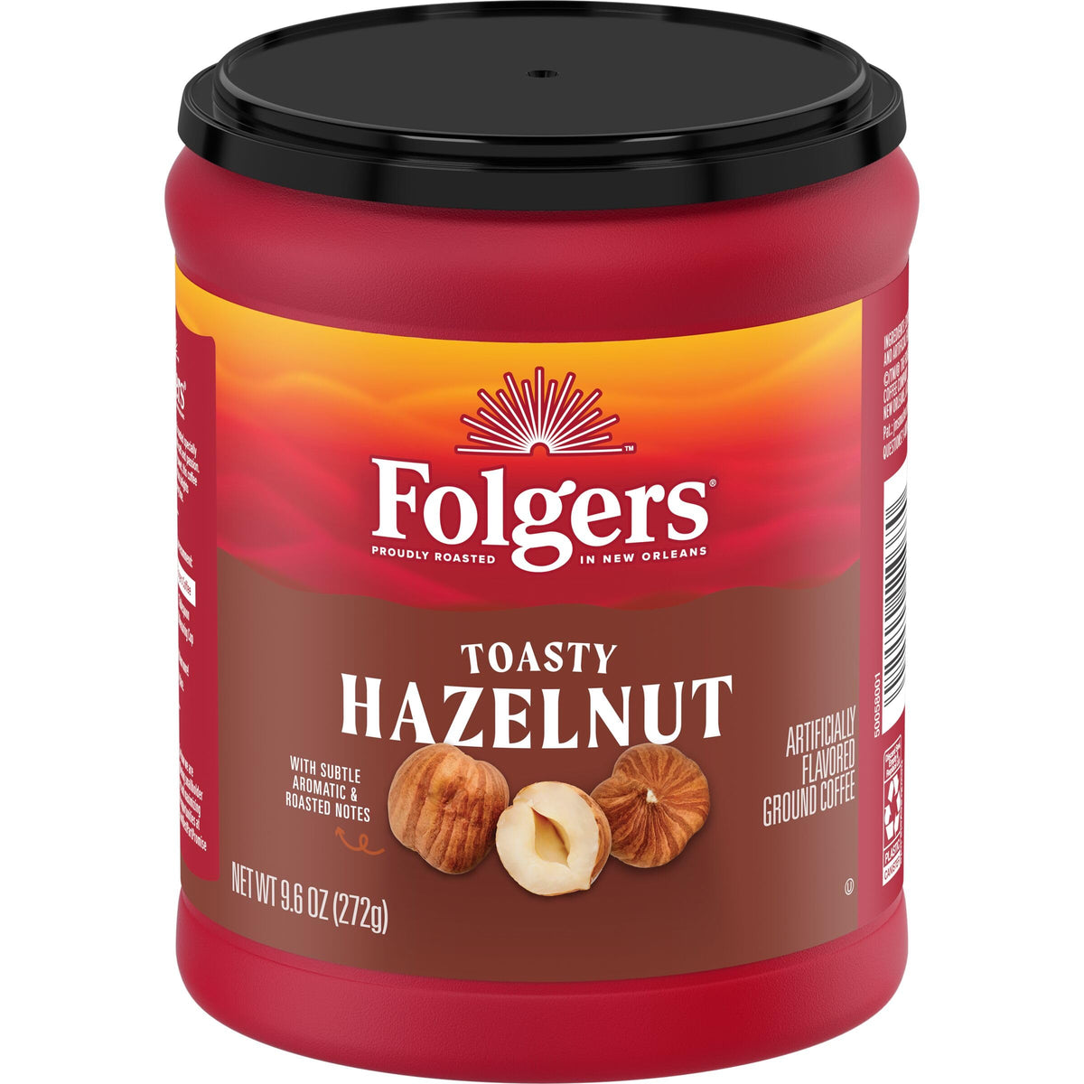Folgers Toasty Hazelnut ground coffee canister ready to brew