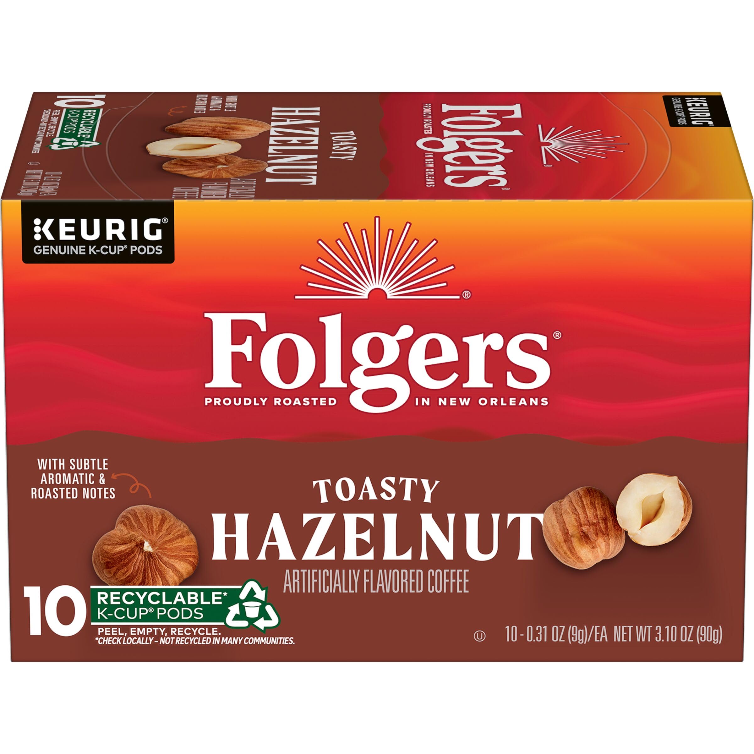 Folgers Toasty Hazelnut K-Cup pod close-up showing rich aroma for mornings.