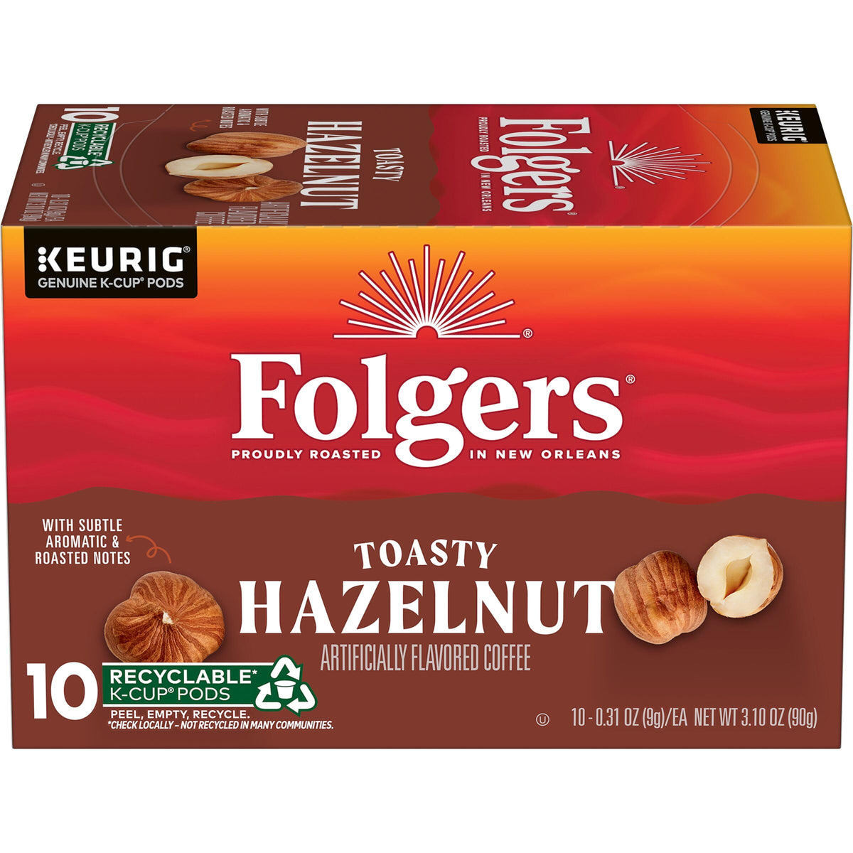 Folgers Toasty Hazelnut K-Cup pod close-up showing rich aroma for mornings.