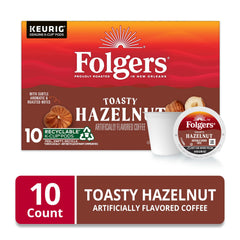 Folgers Toasty Hazelnut K-Cup pod lineup ready for quick Keurig brewing.