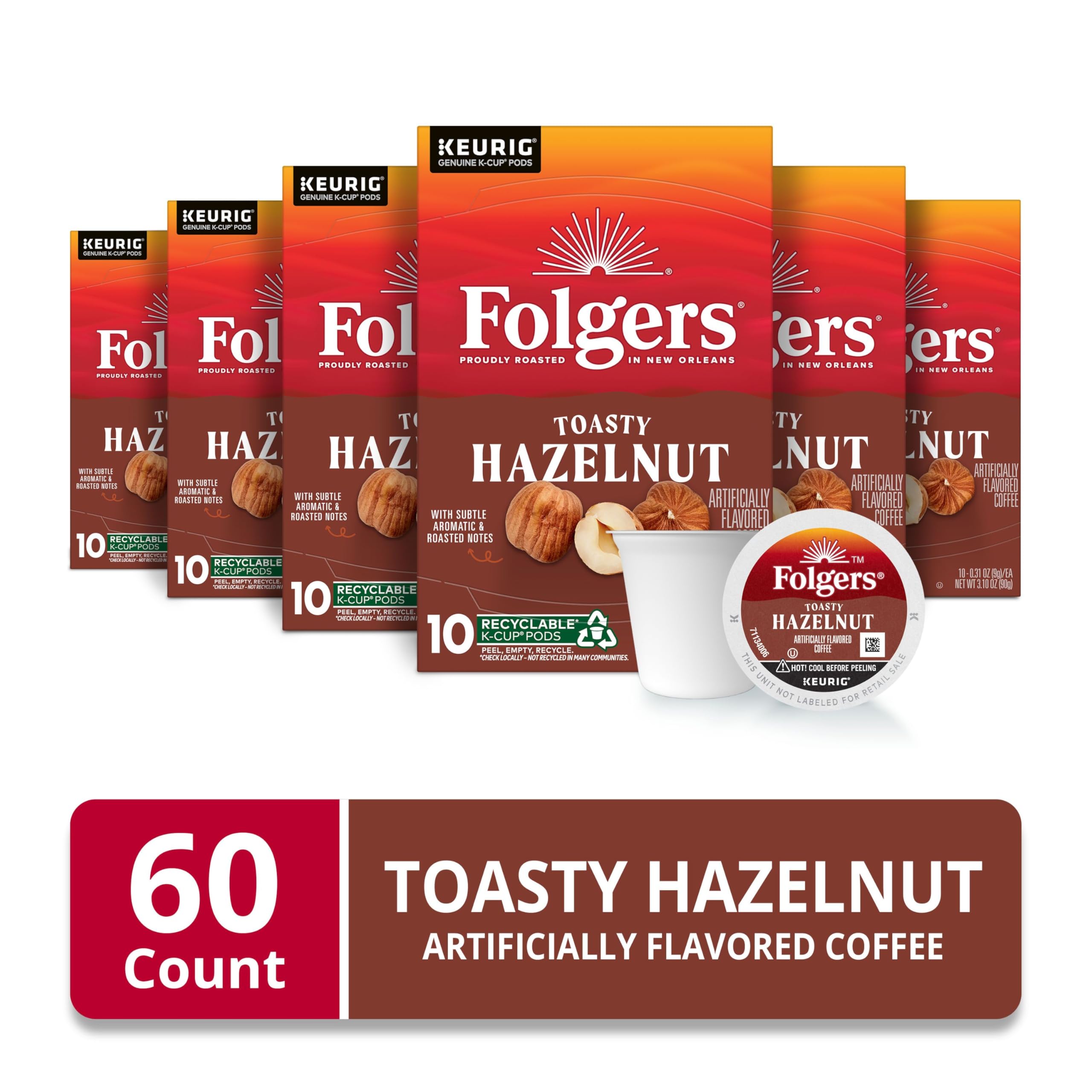Close-up of Folgers Toasty Hazelnut K-Cup pods in a tray for grab-and-go