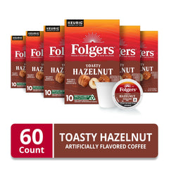 Close-up of Folgers Toasty Hazelnut K-Cup pods in a tray for grab-and-go