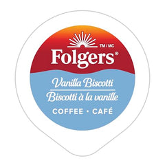 Folgers Vanilla Biscotti K-Cups box back with flavor notes and usage tips.
