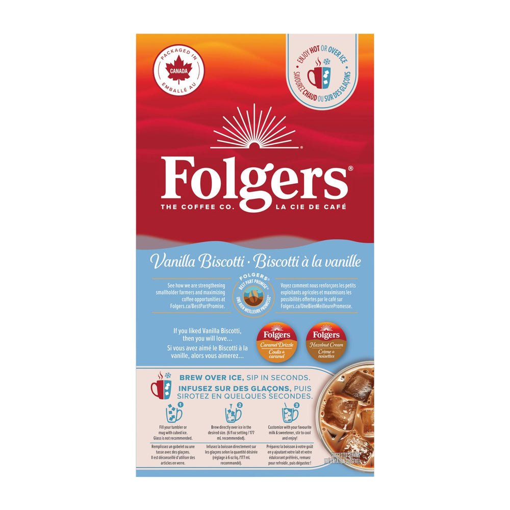 Folgers Vanilla Biscotti K-Cups box side showing Keurig compatibility.