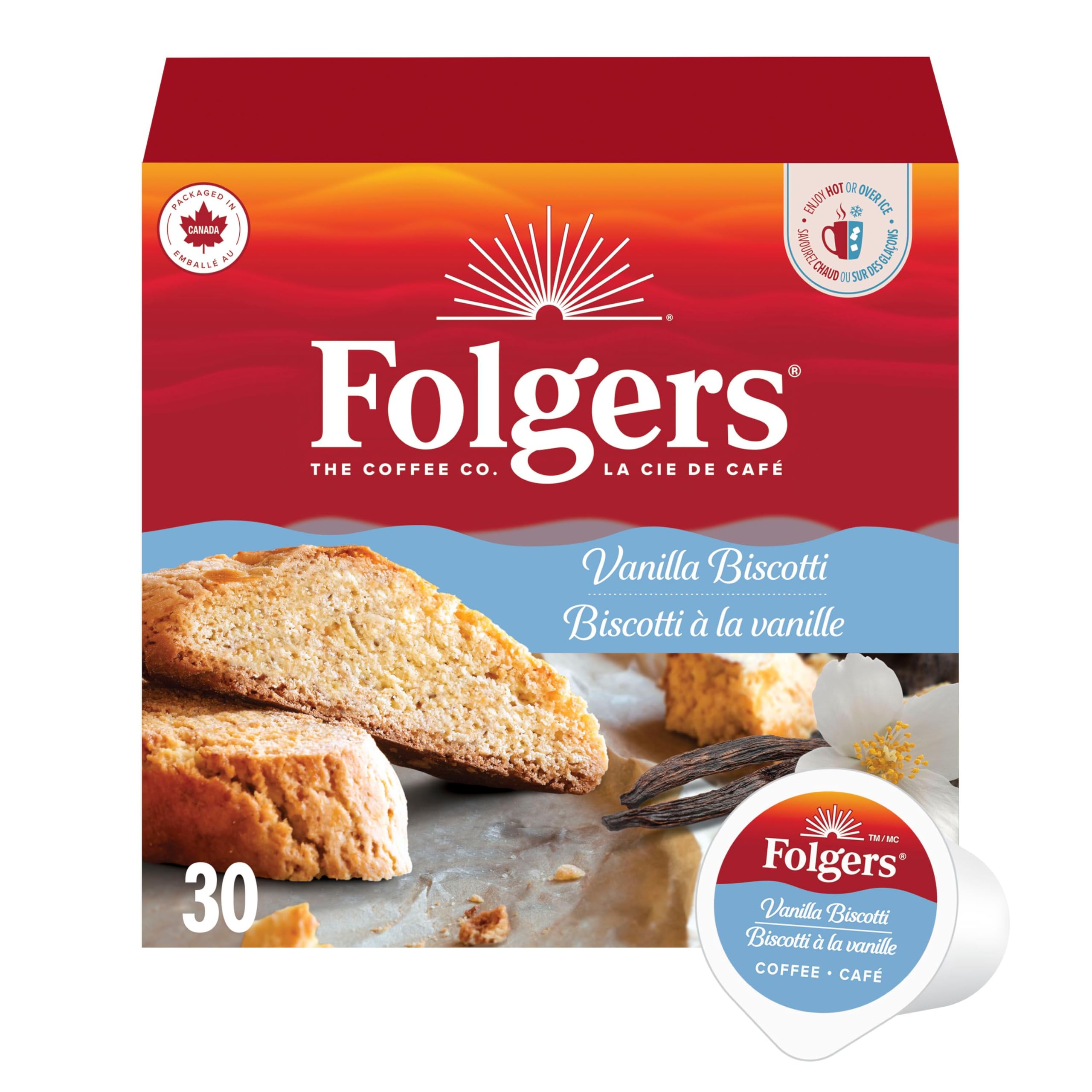 Folgers Vanilla Biscotti K-Cups box front showing convenient 30-count packaging for home brew.
