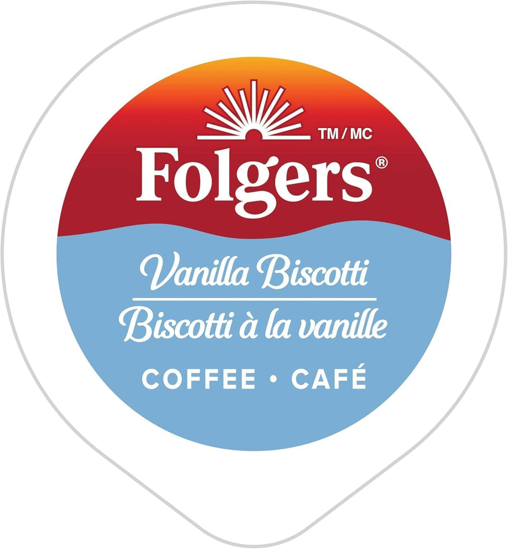 Folgers Vanilla Biscotti K-Cups rows in a display.