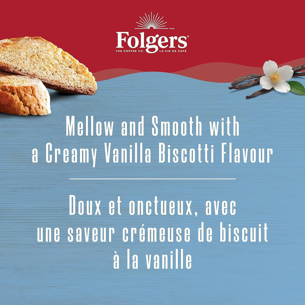 Folgers Vanilla Biscotti K-Cups pod close-up highlighting single-serve convenience.