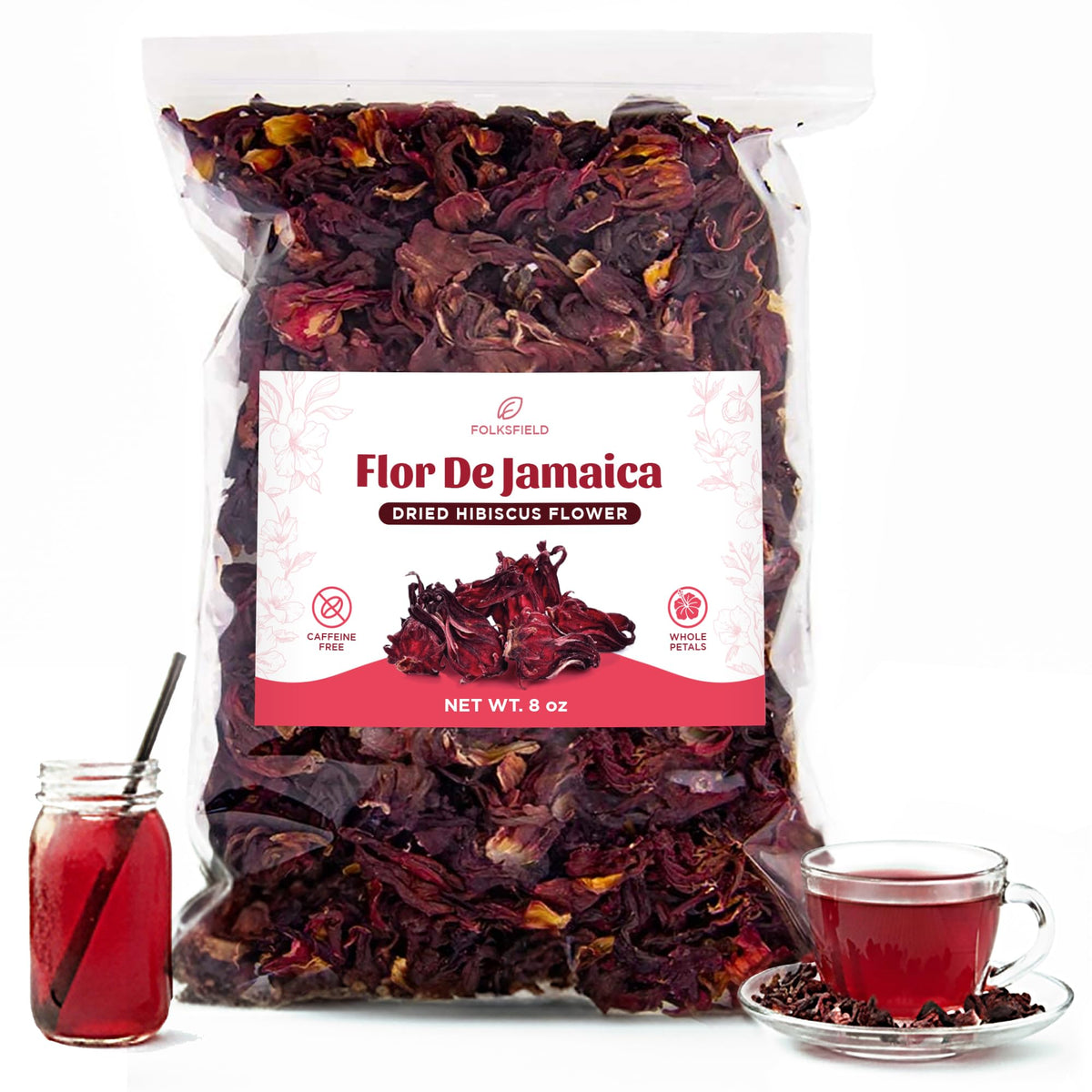 FolksField organic hibiscus flowers close-up of whole petals for rich infusion