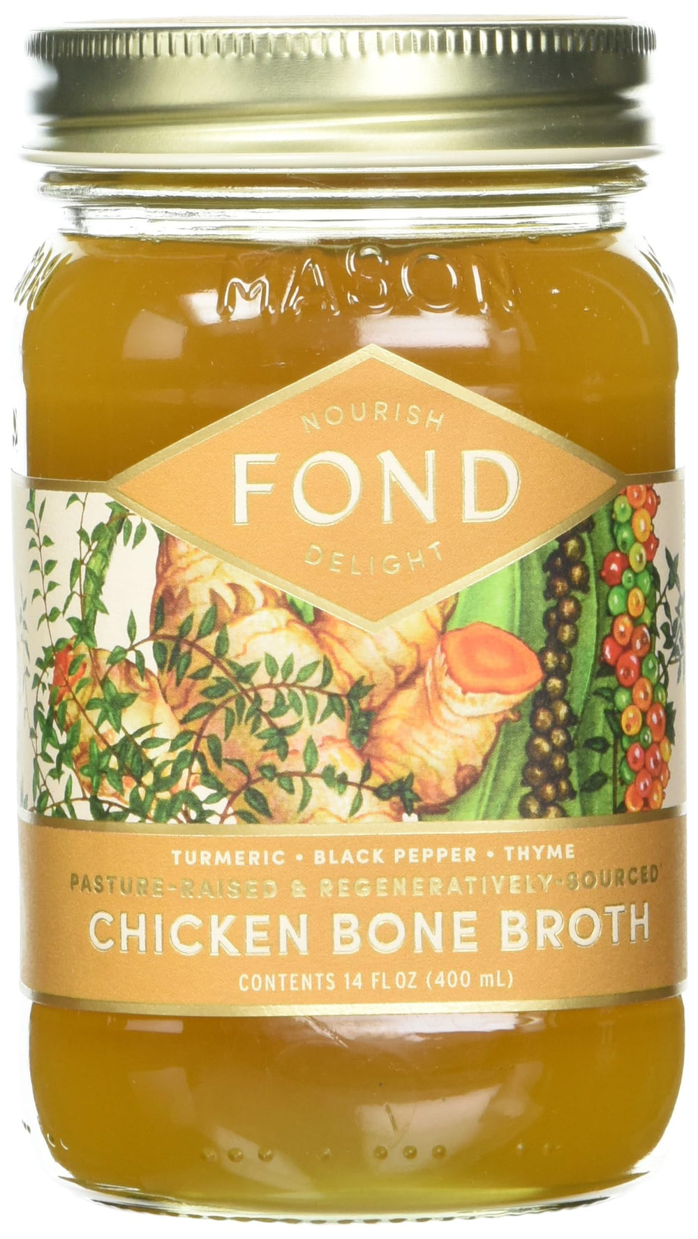 Fond bone broth chicken turmeric black pepper bottle with a savory aroma for soups