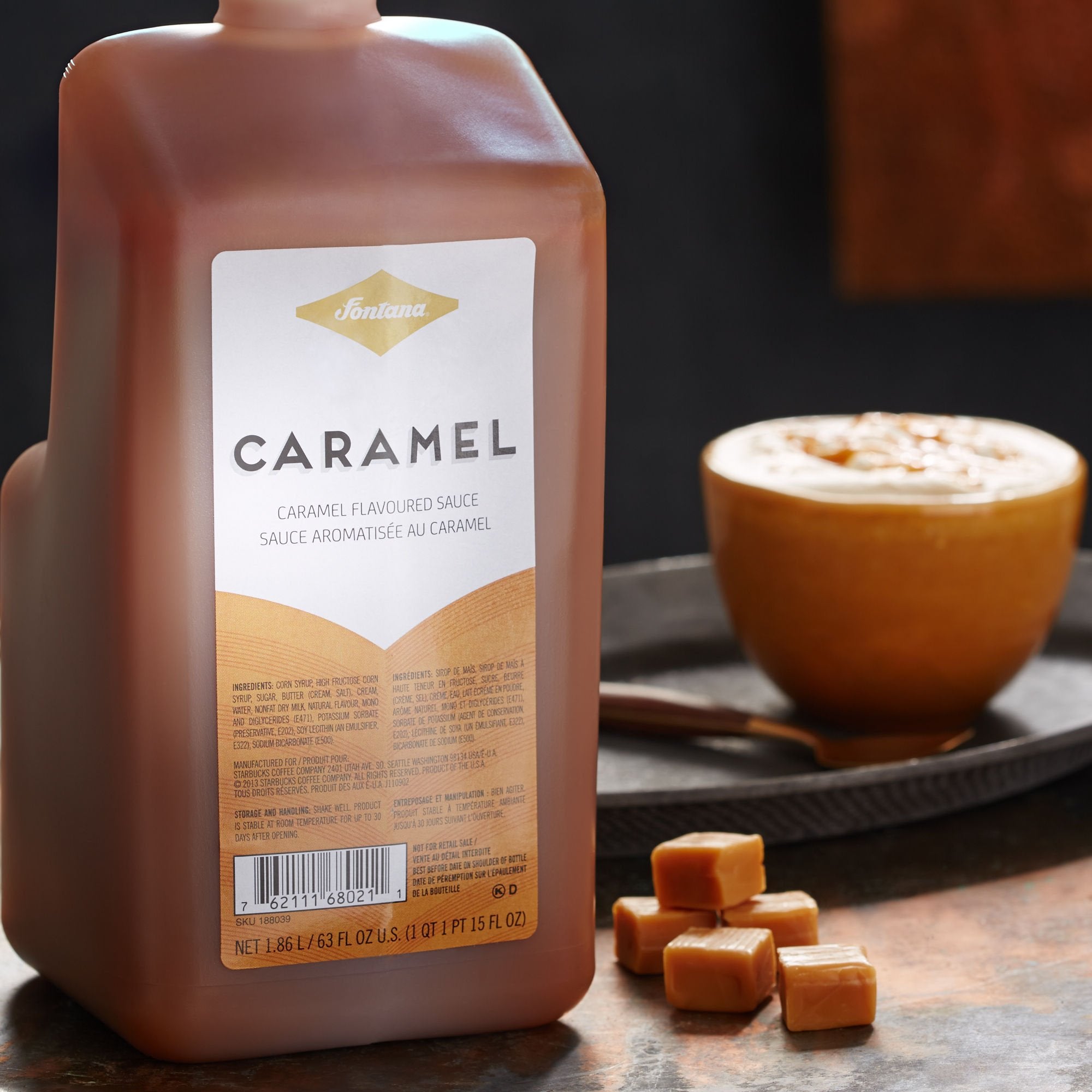 Fontana Caramel Sauce 63oz pump bottle pour enhances drinks and desserts.