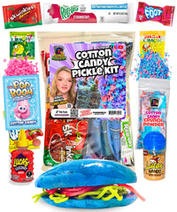 Food Crush cotton candy pickle kit pouch showing all 13 pieces for fun snacking