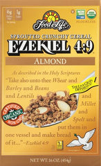 Food for Life Ezekiel 4:9 Almond Cereal close-up showcases organic sprouted grains and almonds.