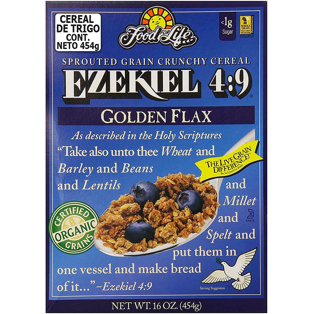 Food for Life Ezekiel 4:9 Golden Flax cereal box front shows organic sprouted grains for breakfast.
