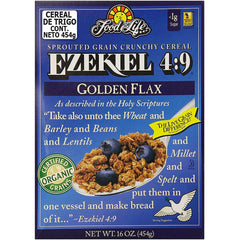 Food for Life Ezekiel 4:9 Golden Flax cereal box front shows organic sprouted grains for breakfast.