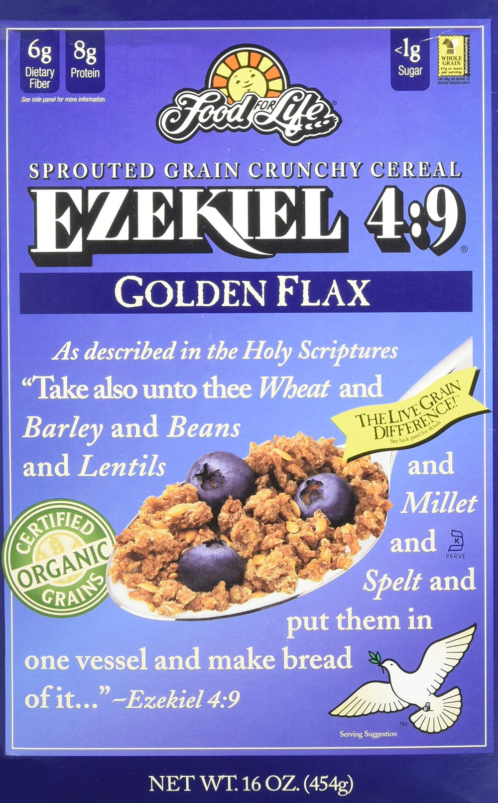 Food for Life Ezekiel 4:9 Golden Flax cereal box highlighting wholesome grains for a balanced morning.