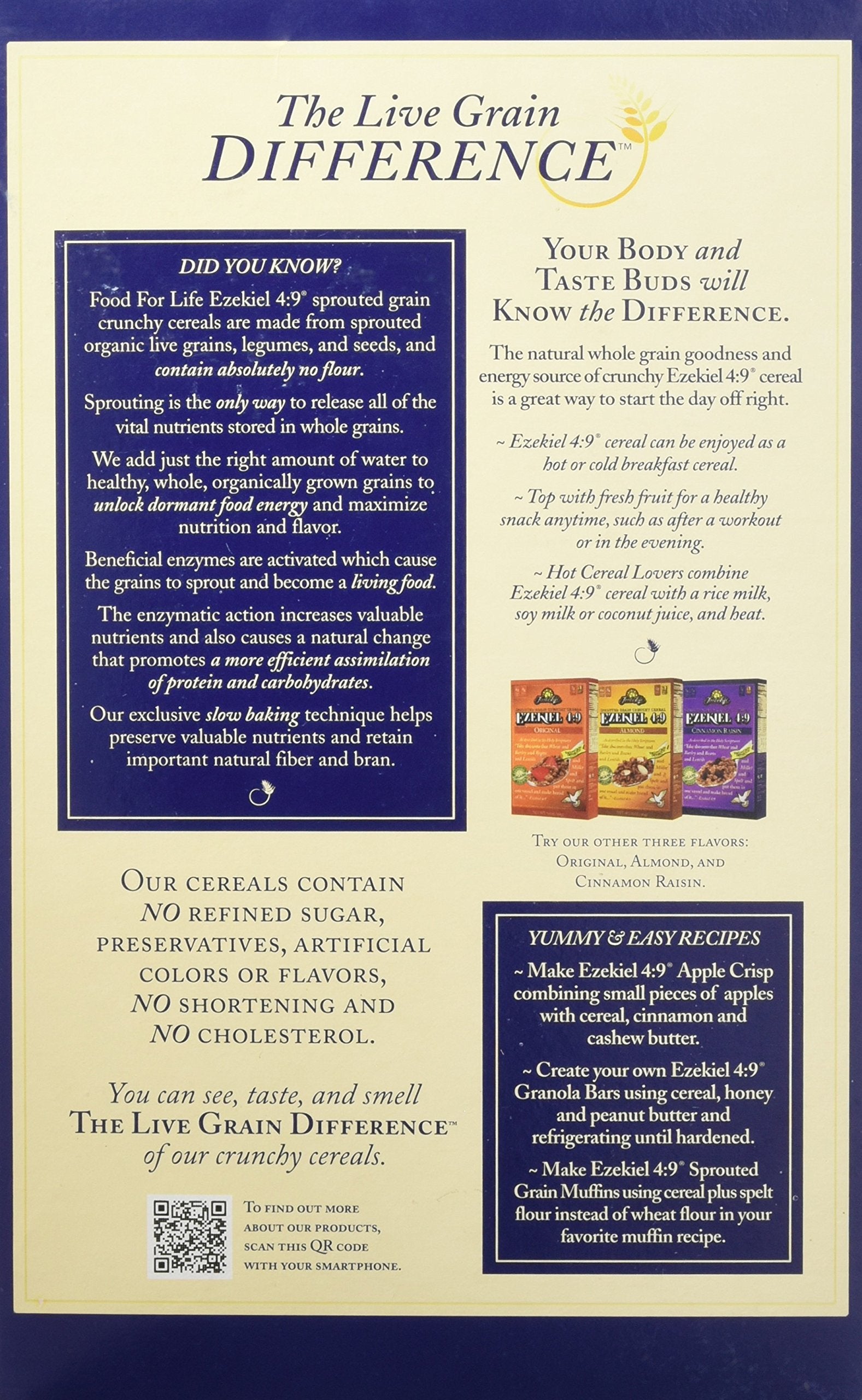 Food for Life Ezekiel 4:9 Golden Flax cereal packaging info for easy storage.