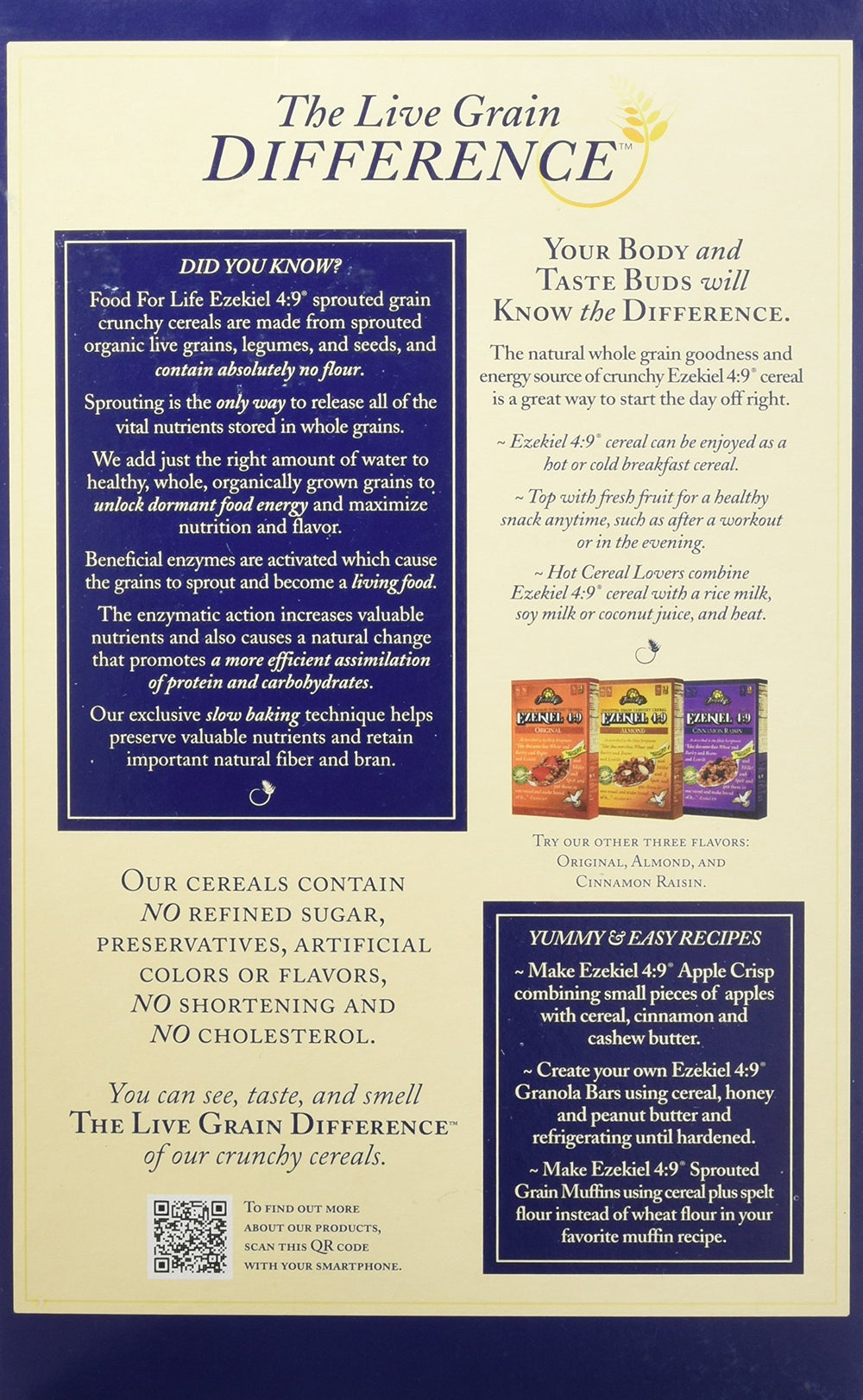 Food for Life Ezekiel 4:9 Golden Flax cereal packaging info for easy storage.
