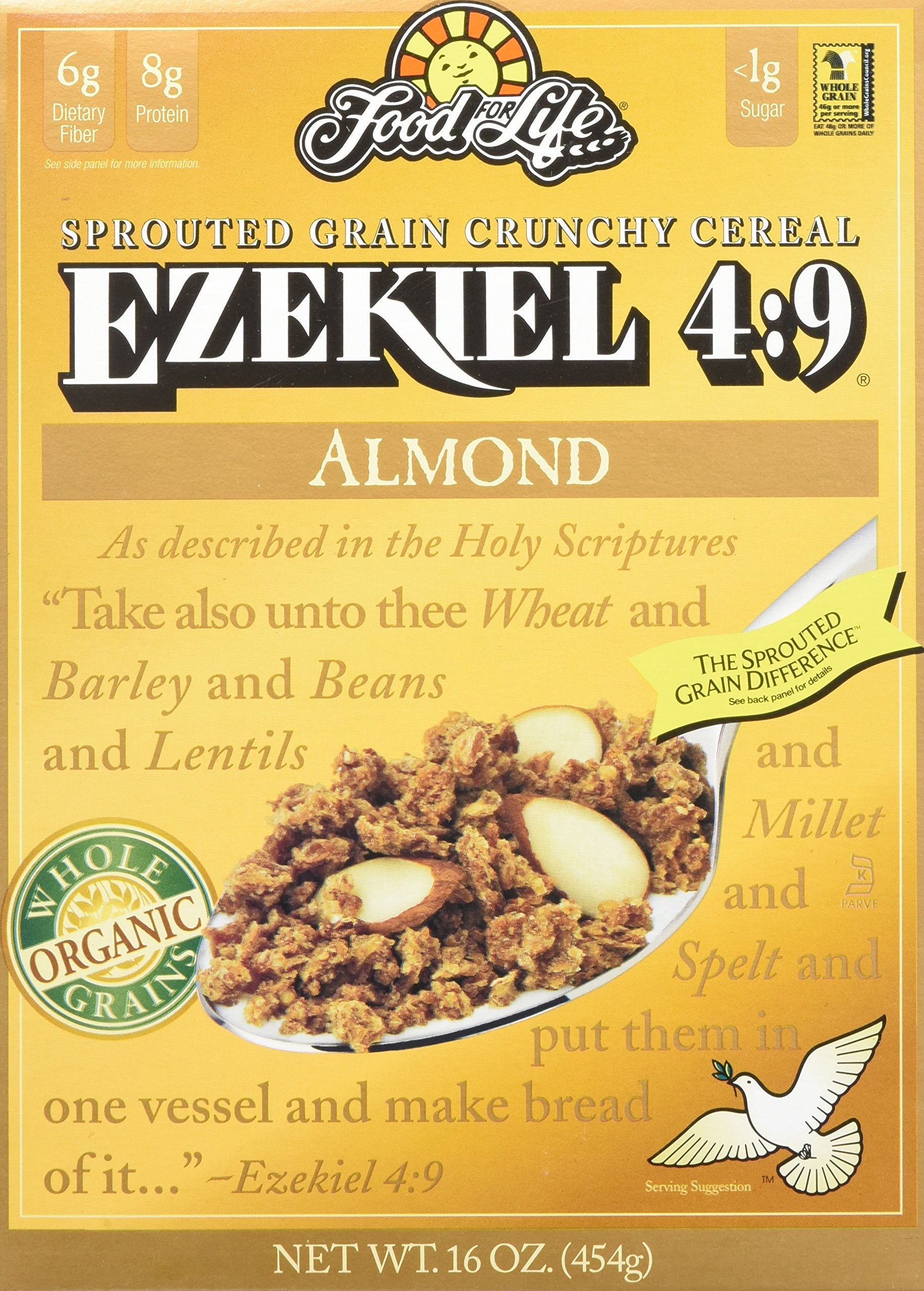 Food for Life Ezekiel 4:9 almond cereal box front highlighting organic ingredients