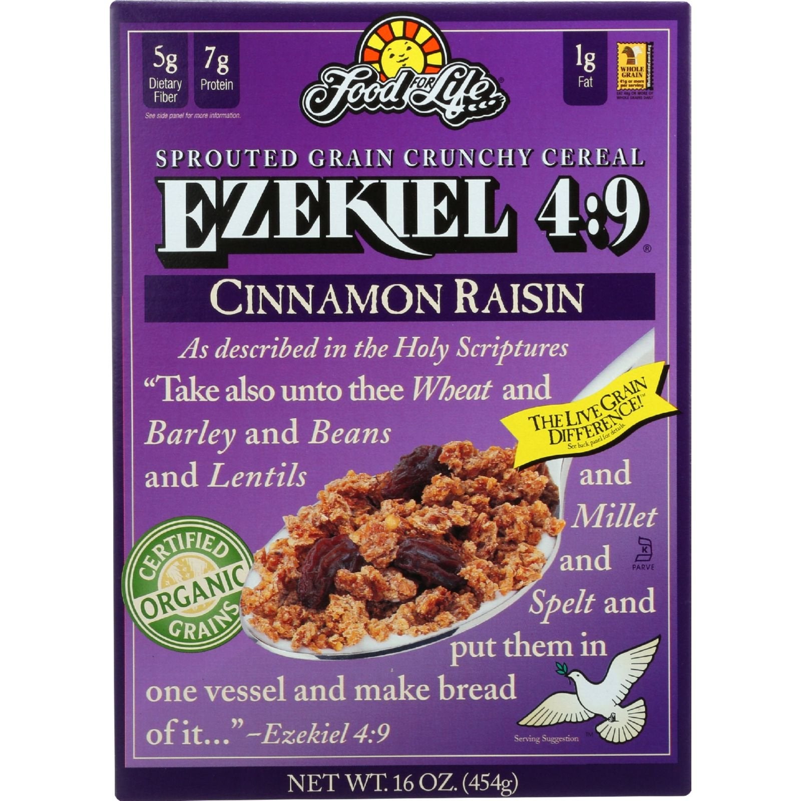 Food for Life Ezekiel 4:9 Cinnamon Raisin cereal box, wholesome breakfast option.