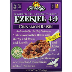 Food for Life Ezekiel 4:9 Cinnamon Raisin cereal box, wholesome breakfast option.