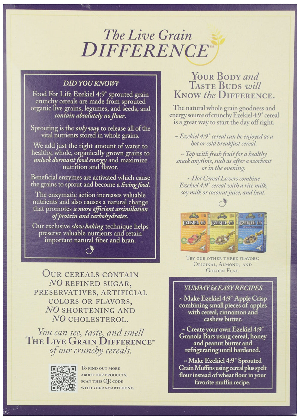 Ingredients panel on Food for Life Ezekiel 4:9 cereal box.