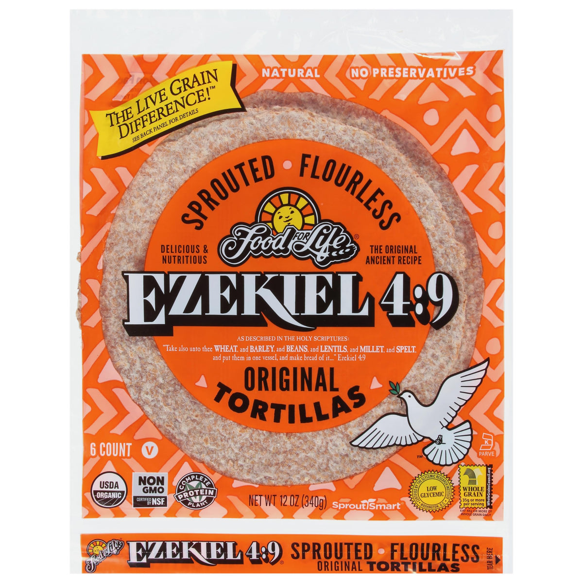 Food for Life organic whole grain tortillas, soft and pliable for tacos and wraps.