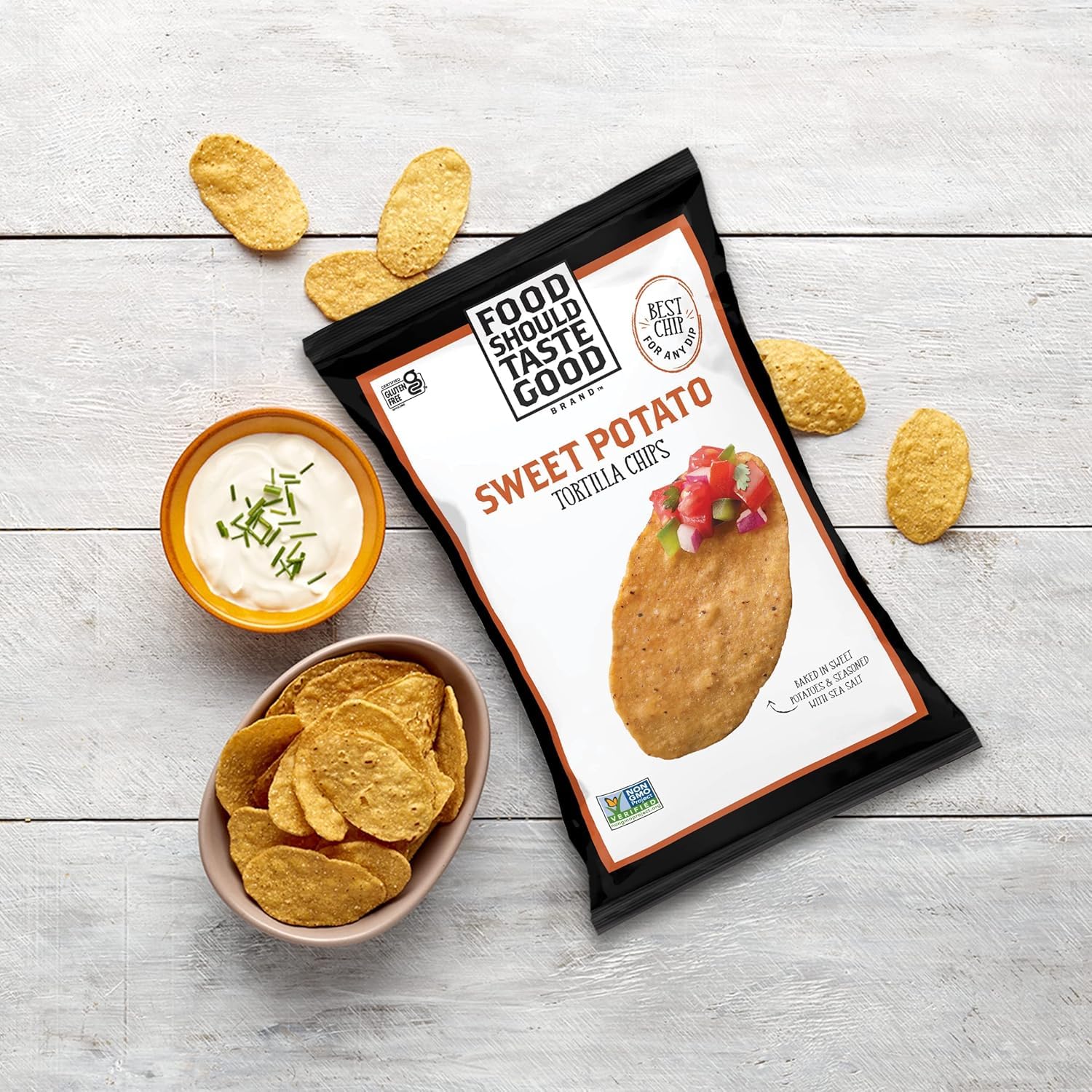 Food Should Taste Good sweet potato tortilla chips back label shows gluten-free and vegan certifications.