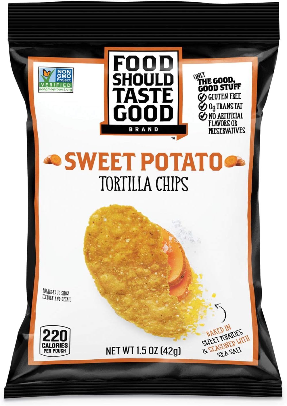 Food Should Taste Good sweet potato tortilla chips front view, wholesome snacking option.