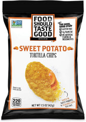 Food Should Taste Good sweet potato tortilla chips front view, wholesome snacking option.