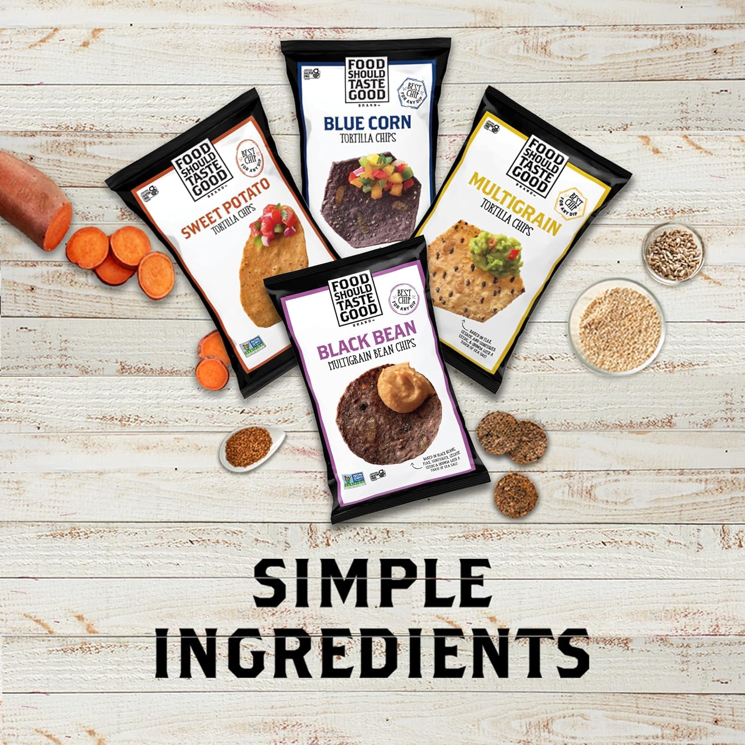 Food Should Taste Good sweet potato tortilla chips packaging detail with clear ingredients.
