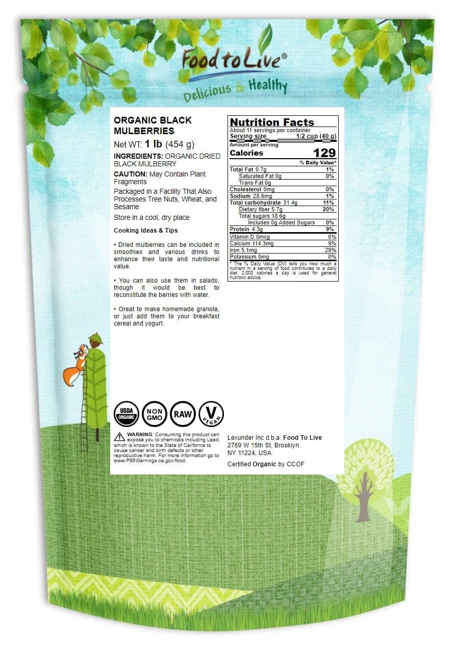 Food to Live mulberries bag back shows nutrition highlights for smart snacking.
