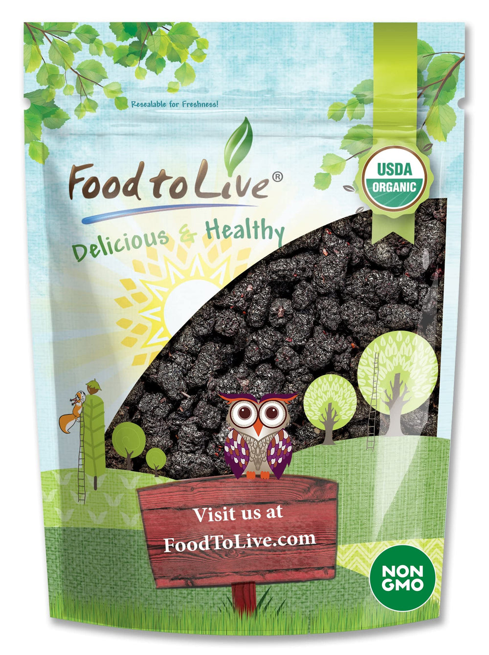 Food to Live mulberries in bag front, ready for snacking.