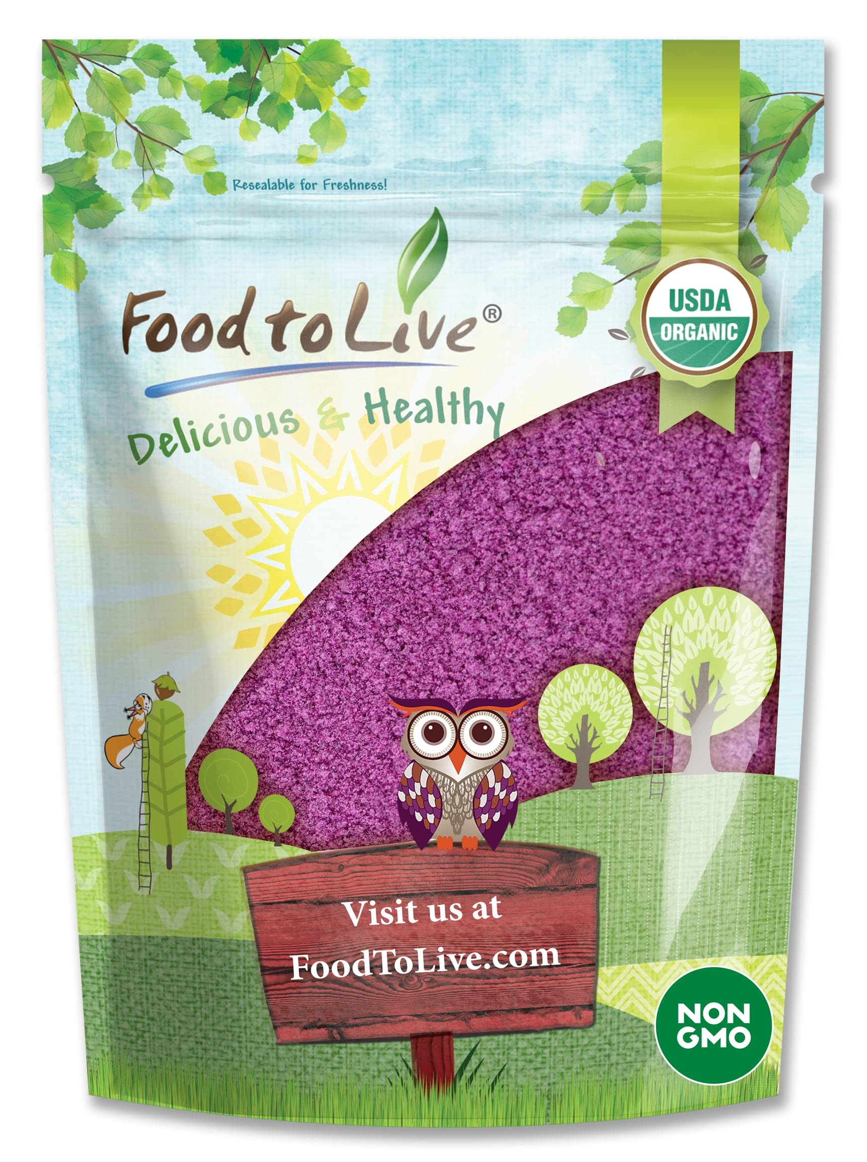 Food to Live purple sweet potato powder jar showing vibrant color for baking and desserts.