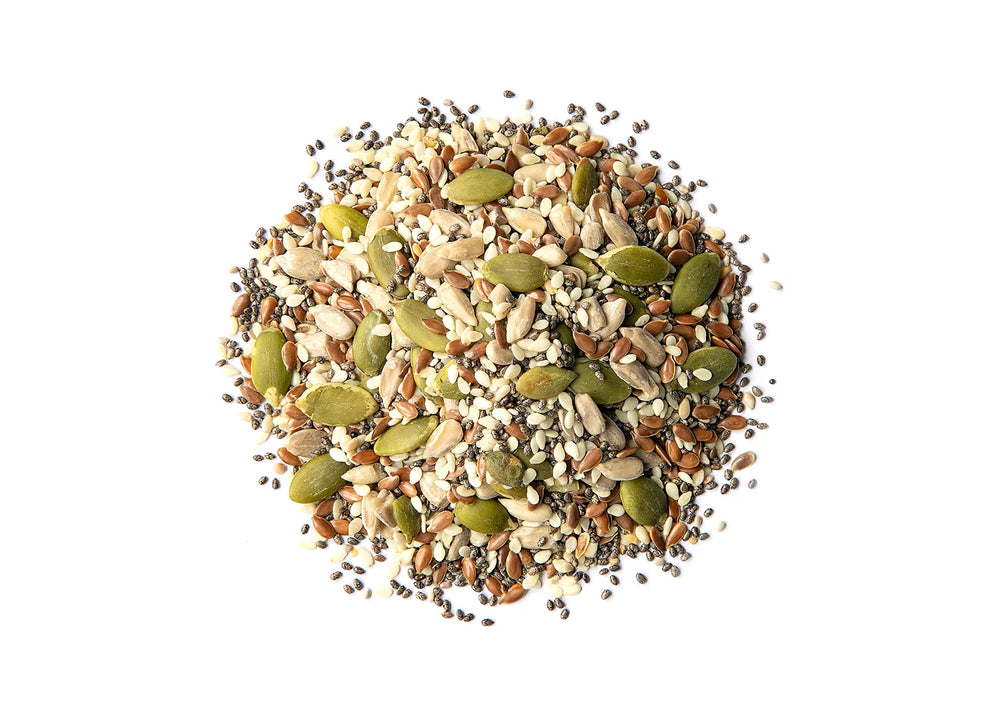 Food to Live Super 5 Seeds Mix close-up, showing flax, sesame, chia, pumpkin, sunflower
