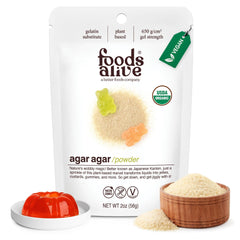 Foods Alive agar-agar powder bottle on counter for vegan gelling