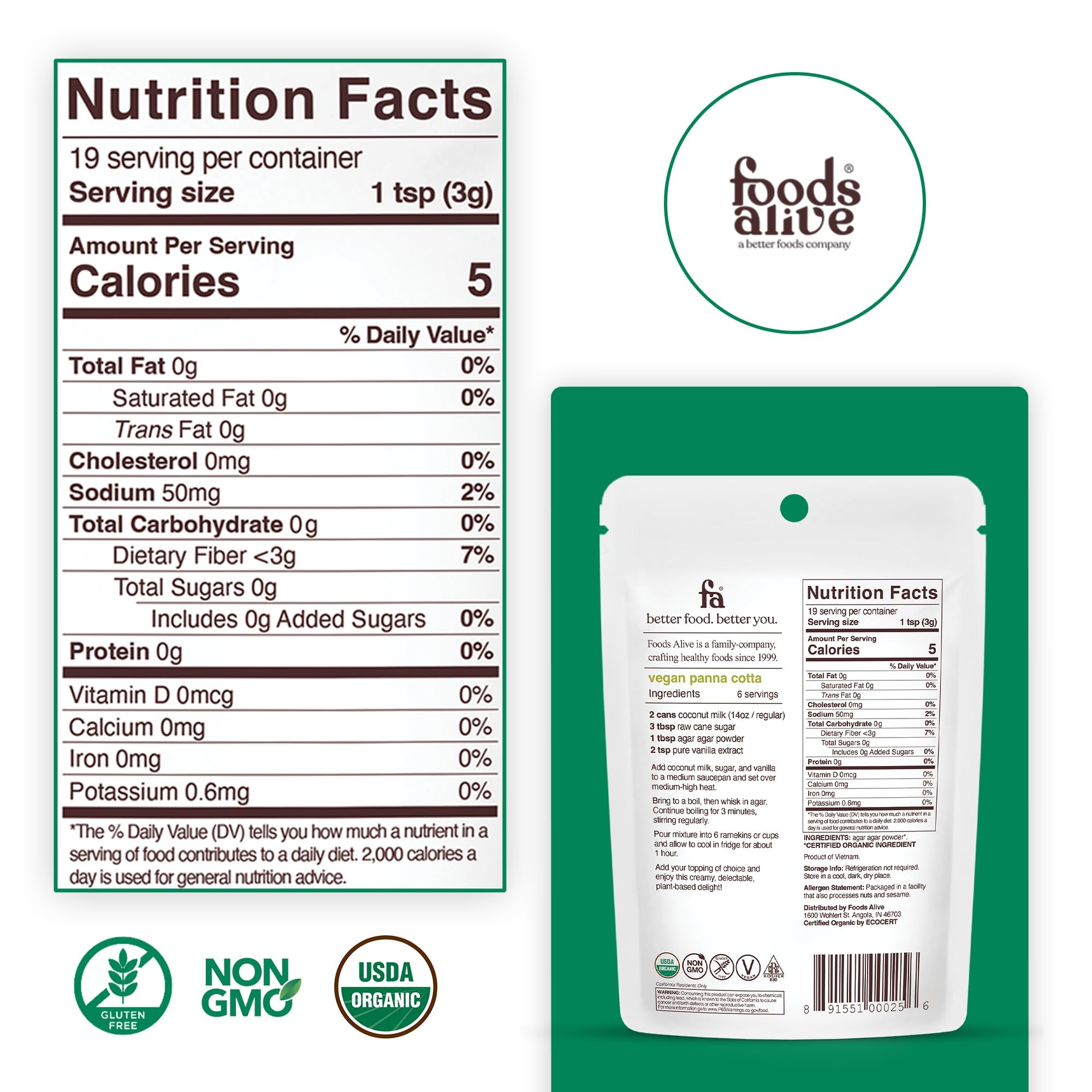 Foods Alive agar-agar powder packaging with organic Kosher label