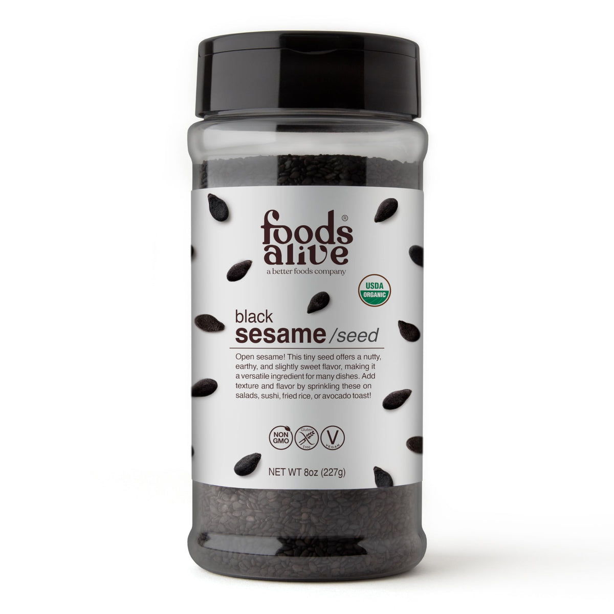 Foods Alive black sesame seeds in a shaker jar for toppings and baking