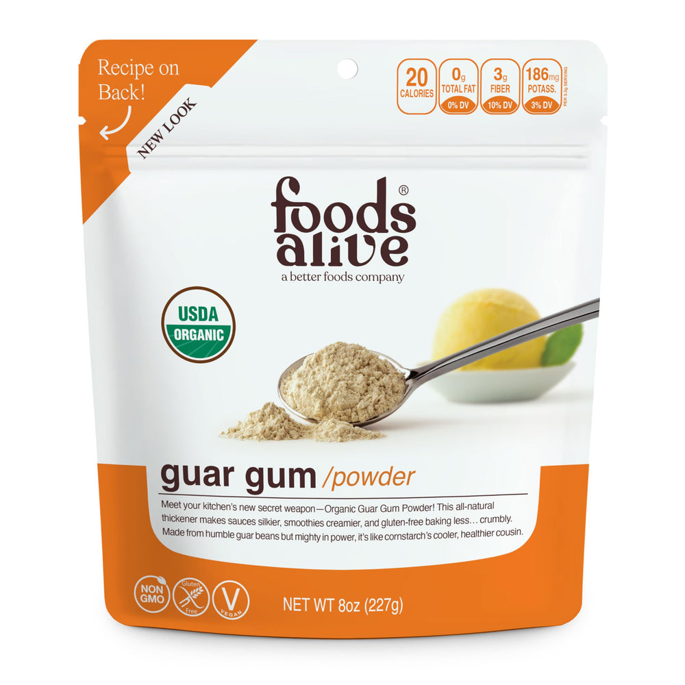 Foods Alive guar gum powder close-up in bag, ready to thicken sauces.