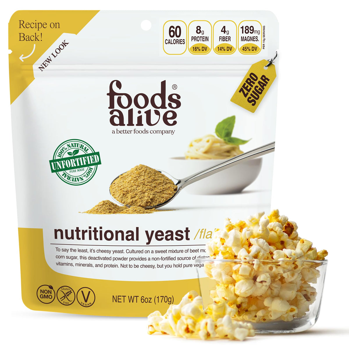 Foods Alive Nutritional Yeast Flakes bottle adds cheesy, dairy-free flavor to meals.
