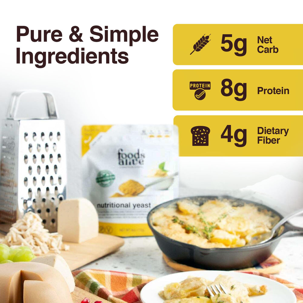 Foods Alive Nutritional Yeast Flakes in dairy-free sauce adds depth and nutrition.