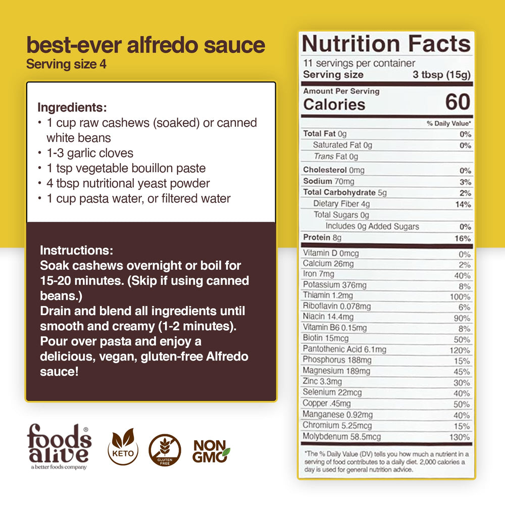 Foods Alive Nutritional Yeast Flakes kit in kitchen with recipe card.
