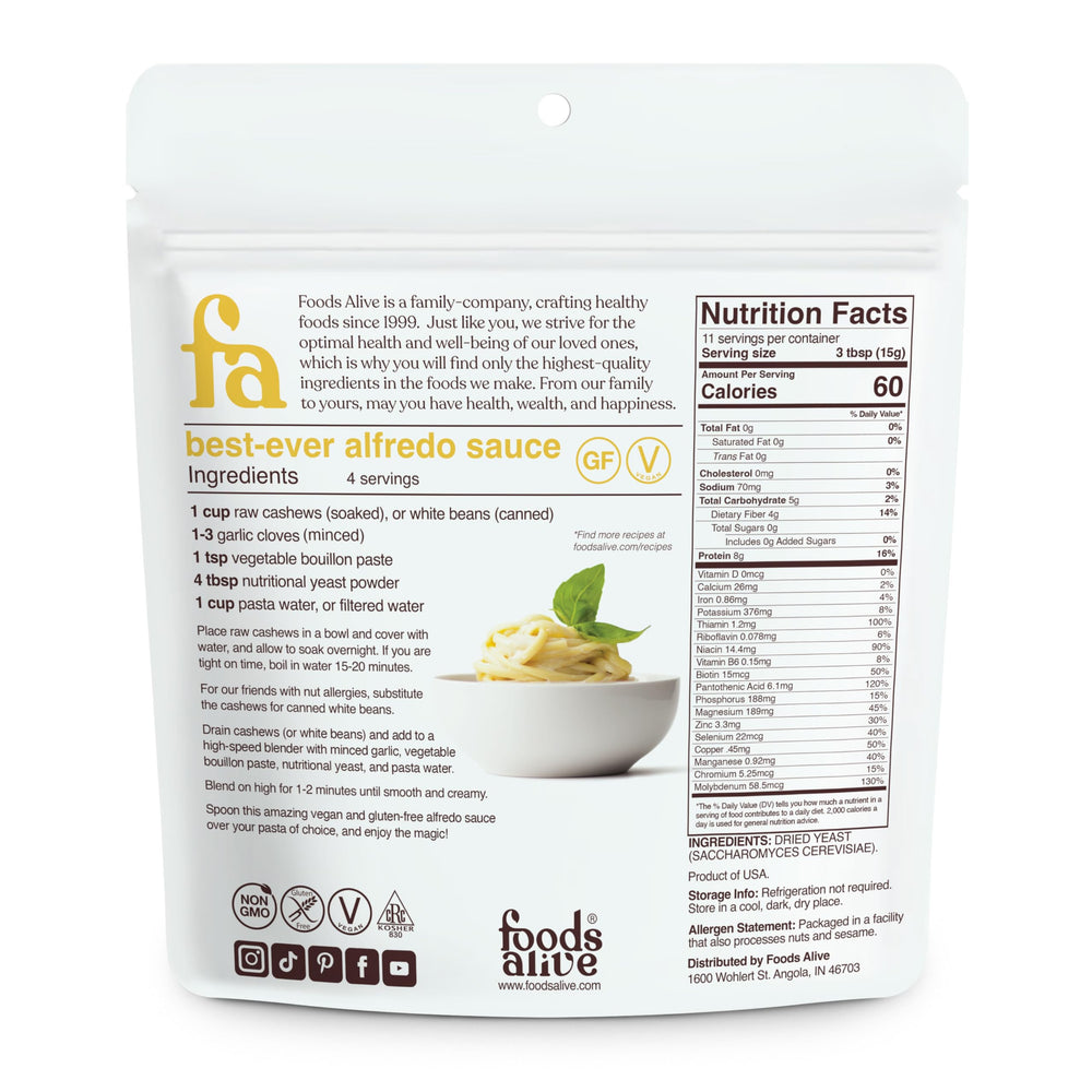 Foods Alive Nutritional Yeast Flakes spoon ready to boost protein with a savory sprinkle.