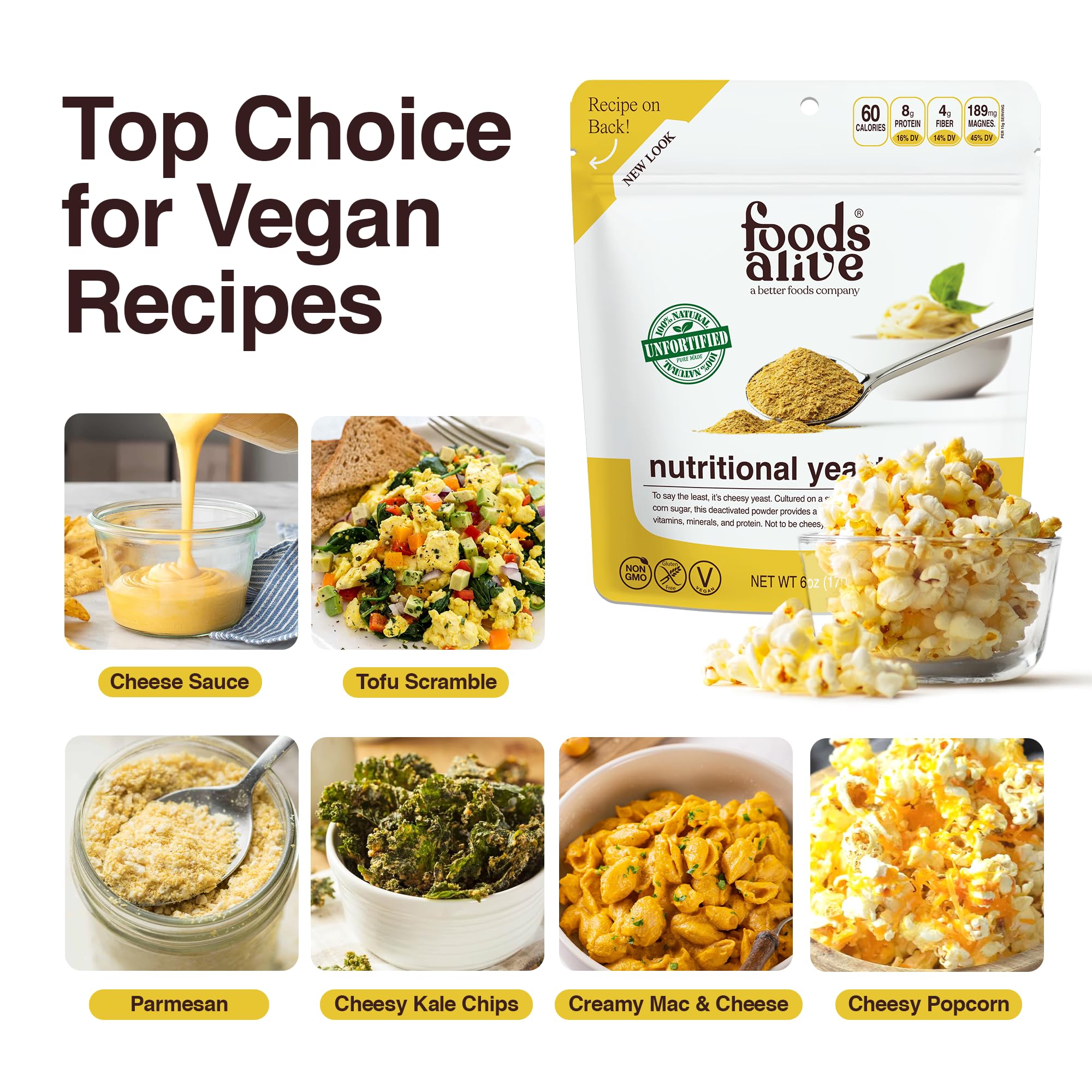 Foods Alive Nutritional Yeast Flakes sprinkled on pasta enhances cheesy texture.