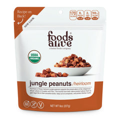 Foods Alive Organic Jungle Peanuts in a bag, rich flavor, great as a snack.