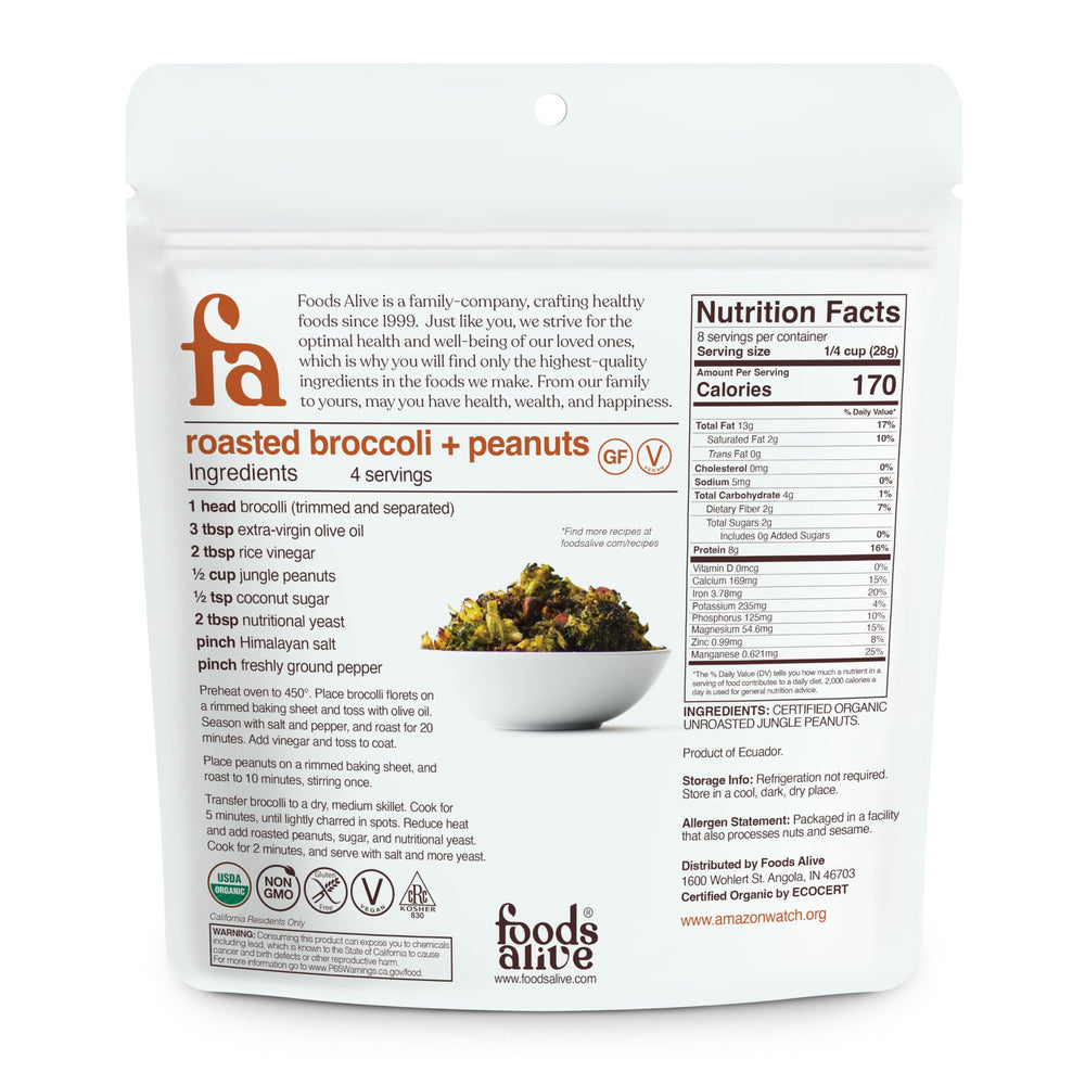 Foods Alive Wild Jungle Peanuts bag closeup, natural texture and color, ideal for gluten-free snacking.